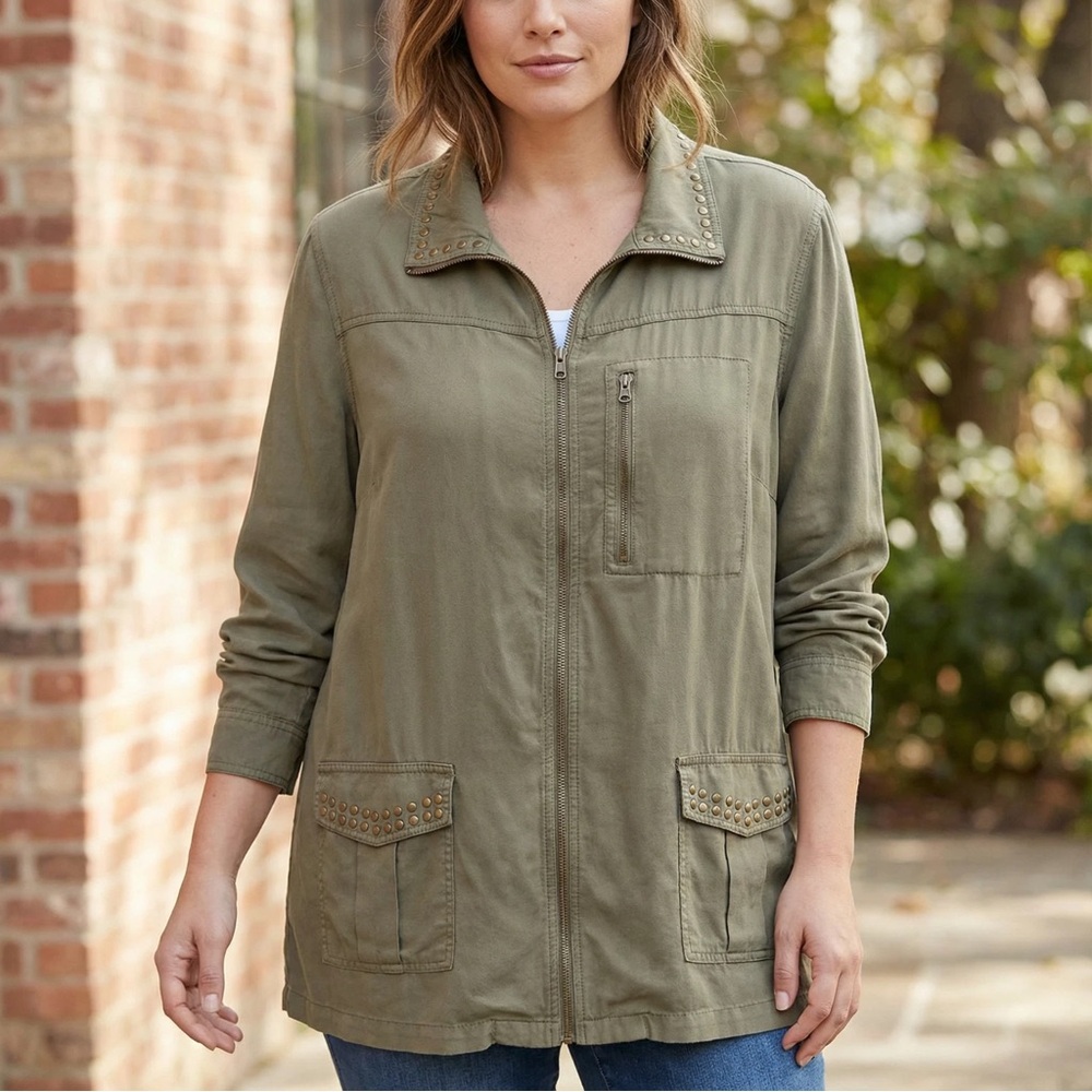 Catherines Utility Jacket Womens 2X Olive 100% Lyocell Studded Collar Zip Front - Picture 2 of 4